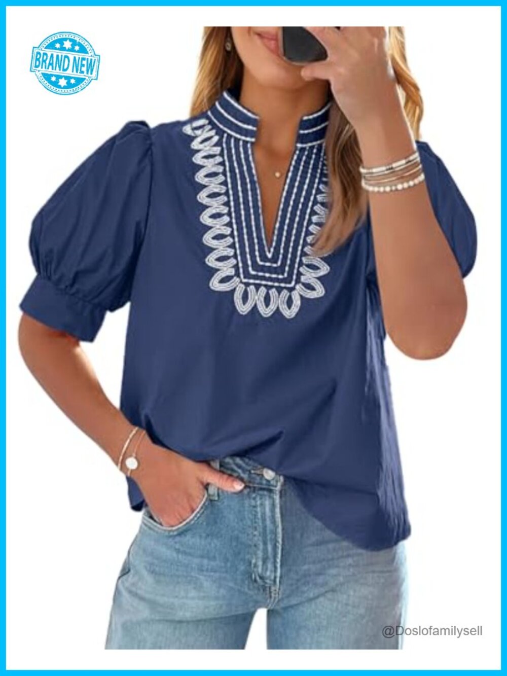Puff Short Sleeve Embroidered Blouse V-Neck Dressy Boutique Top